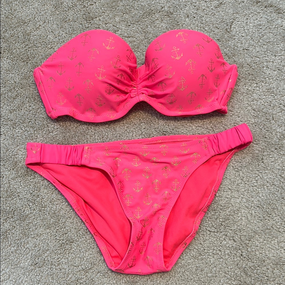 Pink Bikini Set with Gold Anchor Print